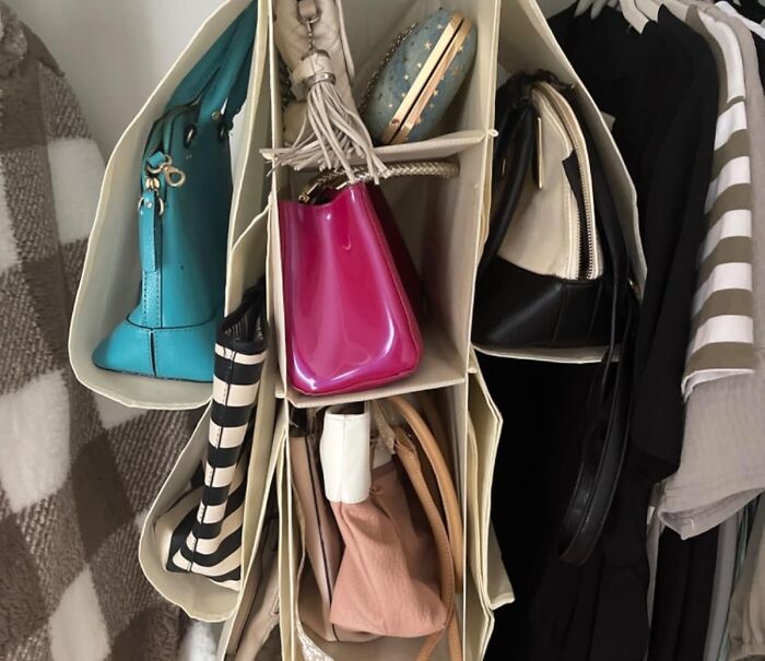 Organize your home with hanging closet storage for handbags and accessories.