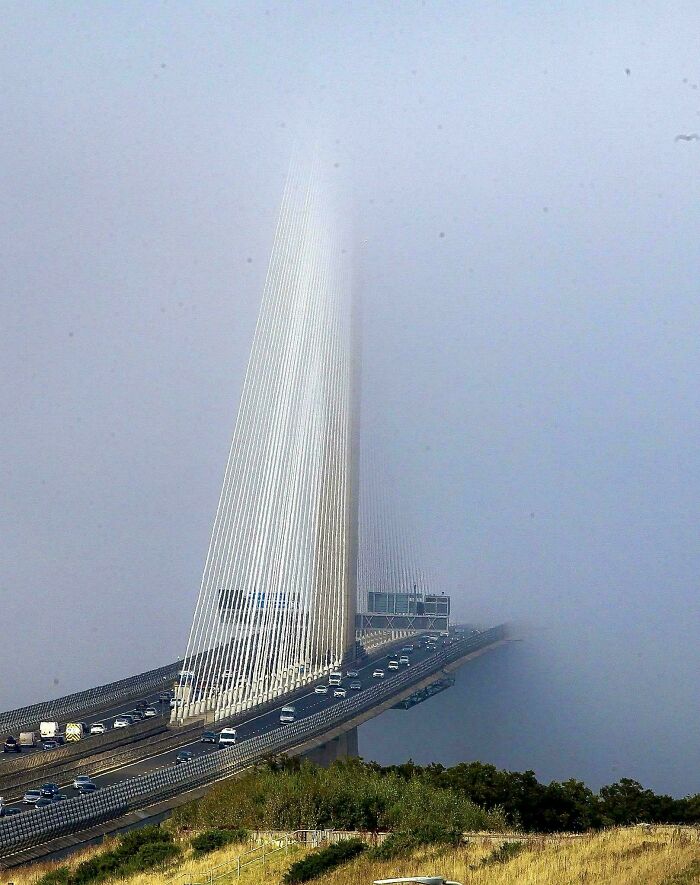 Cable-stayed bridge disappearing into fog, showcasing scarily big structure with heavy traffic, illustrating megalophobia concept.