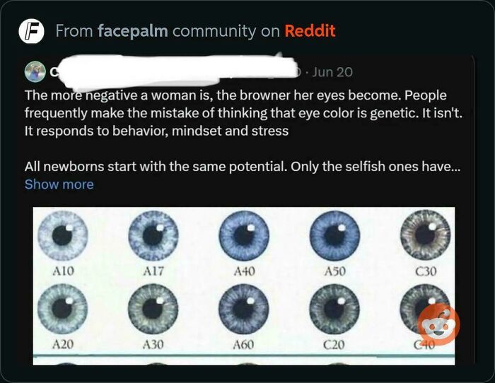 Negative woman eyes theory post on Reddit facepalm, featuring different eye color samples.