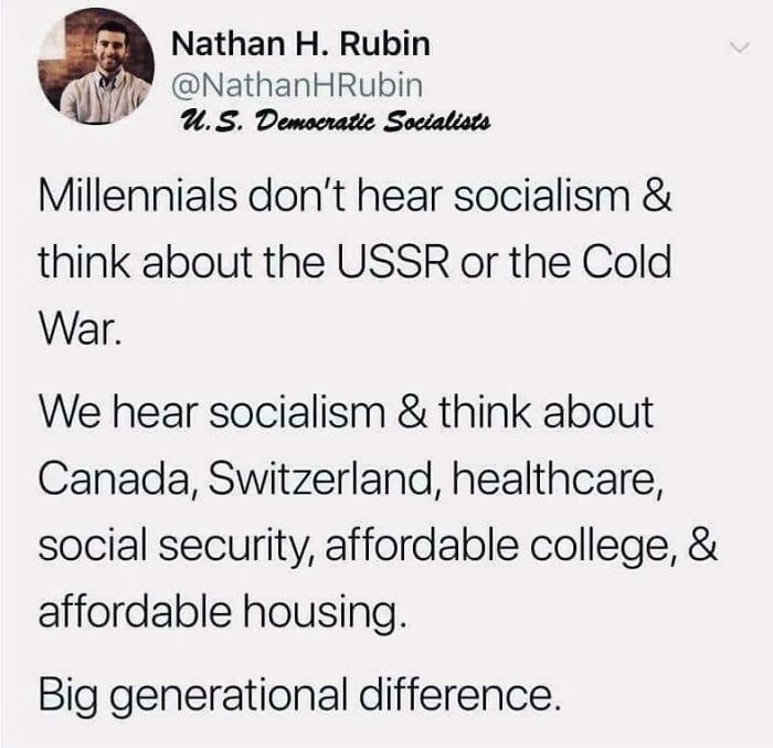 Tweet about millennials associating socialism with social security, healthcare, and affordable housing, showing generational differences.