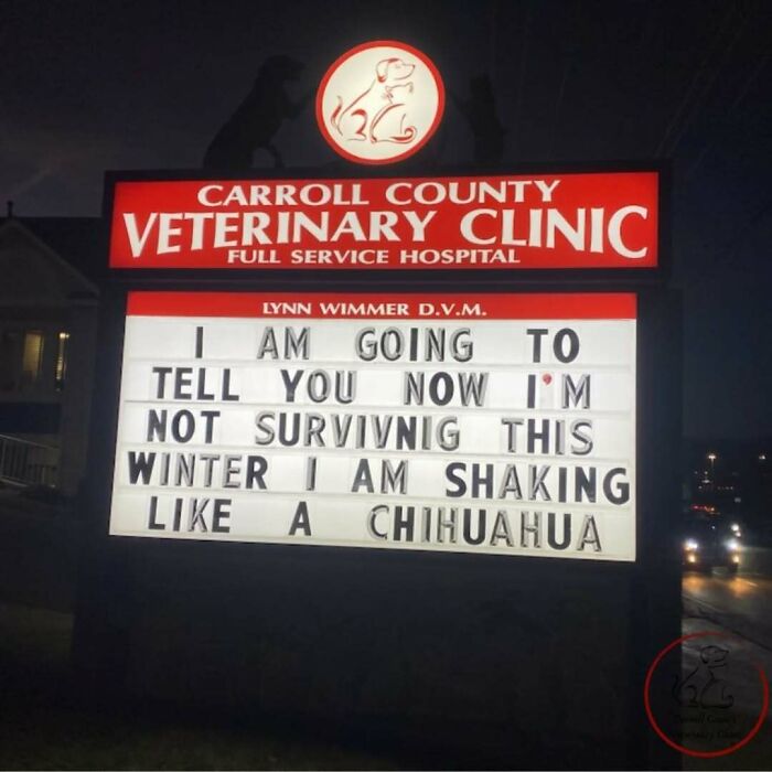 Veterinary clinic sign with joke: "I'm not surviving this winter, I'm shaking like a Chihuahua."