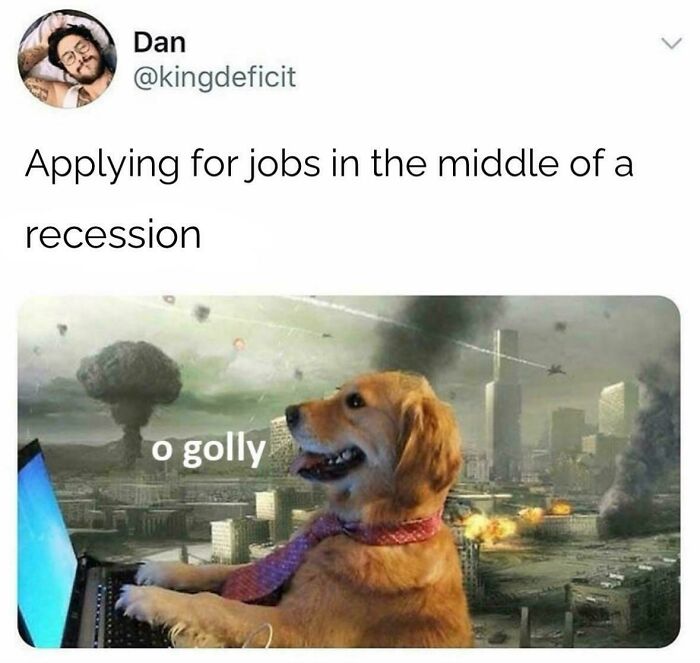 Golden retriever typing during a chaotic scene, depicting a humorous take on recruiting challenges.