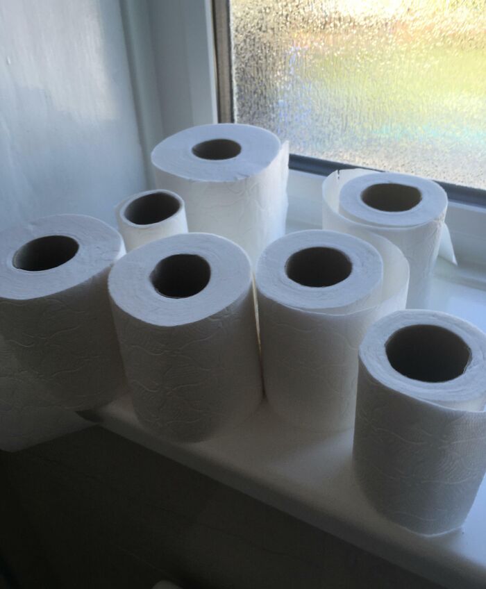 Several toilet paper rolls stacked haphazardly on a bathroom window shelf, reflecting infuriating-family-members dynamics.