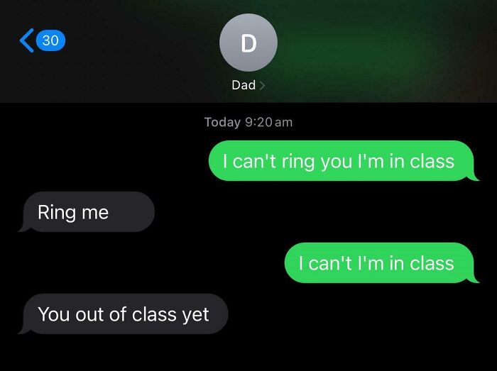 Text conversation highlighting infuriating family members repeatedly asking to call during class.