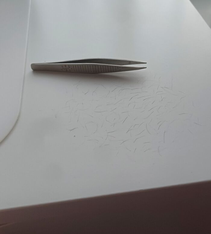 Tweezers on a white table beside scattered hair clippings; a common scenario with infuriating family members.
