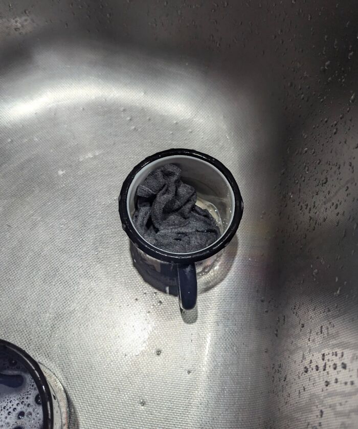 A wet rag stuffed in a mug left in the sink, causing frustration among family members.