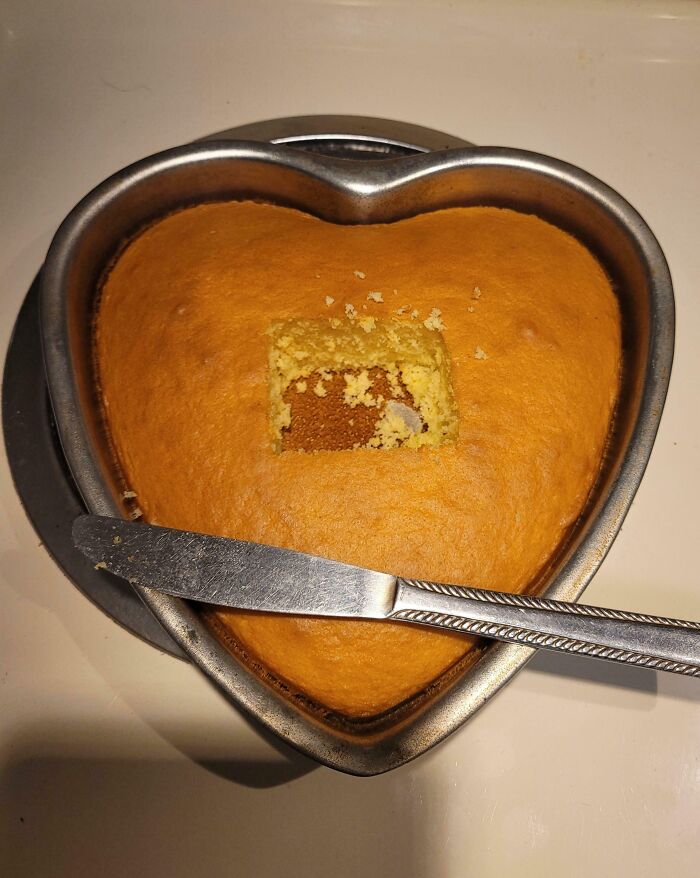 Heart-shaped cake with a square piece missing in the center, symbolizing infuriating family members.
