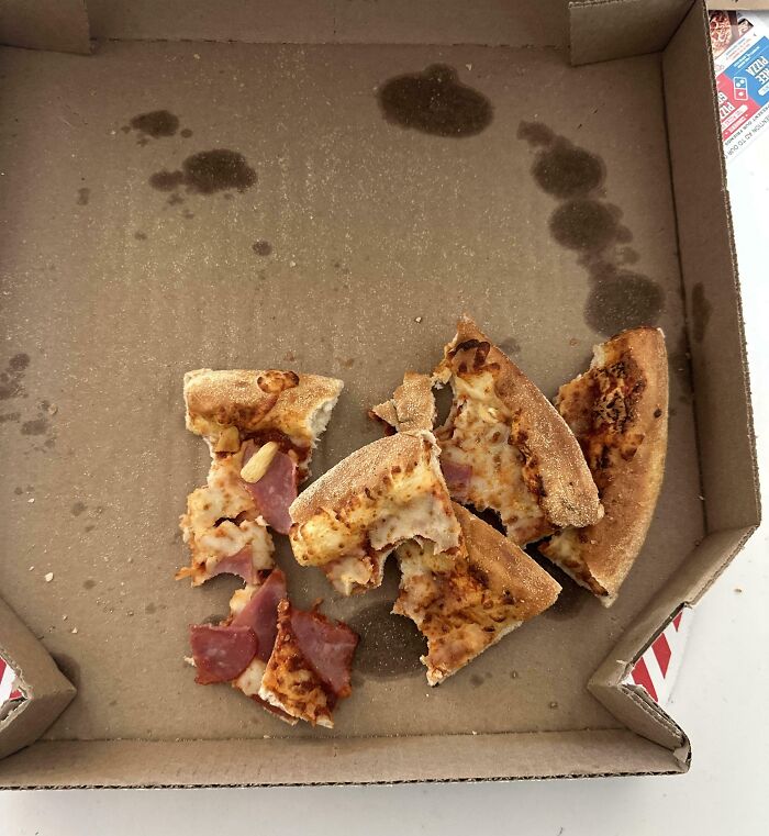Leftover pizza slices in a cardboard box, showcasing infuriating family members' dining habits.