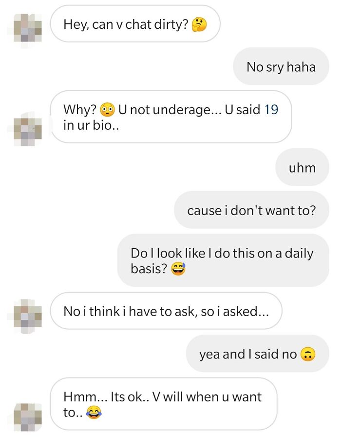 A conversation illustrating infuriating men approaching women with persistent messages.