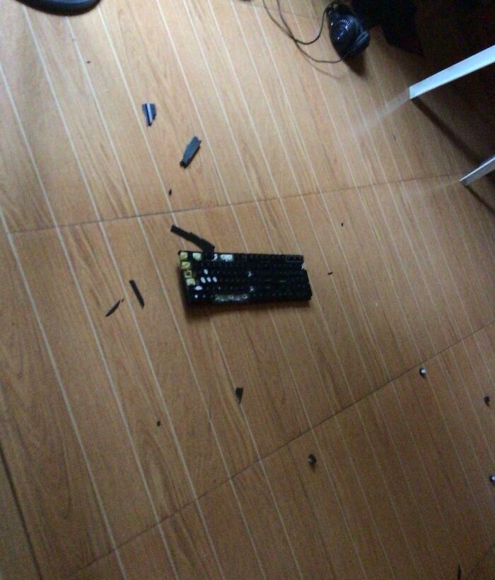 Broken keyboard scattered on wooden floor, hinting at infuriating family members' actions.