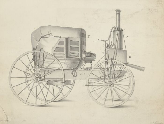 Strange invention: antique steam-powered carriage in detailed sketch, showcasing unique design and early engineering.