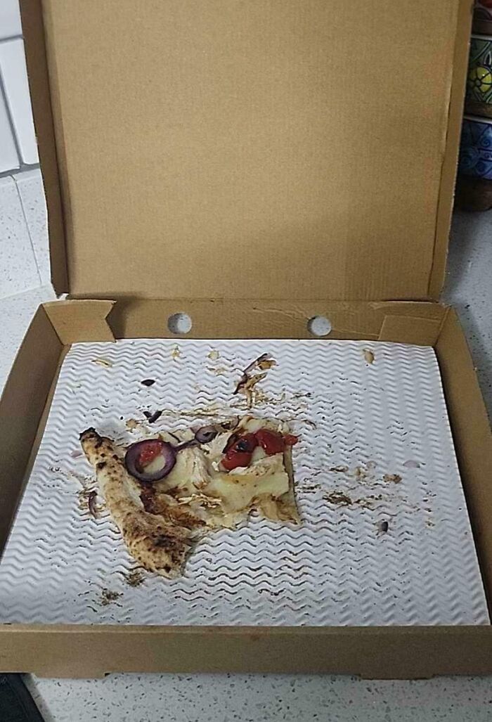 Empty pizza box with one leftover slice symbolizing infuriating family members.