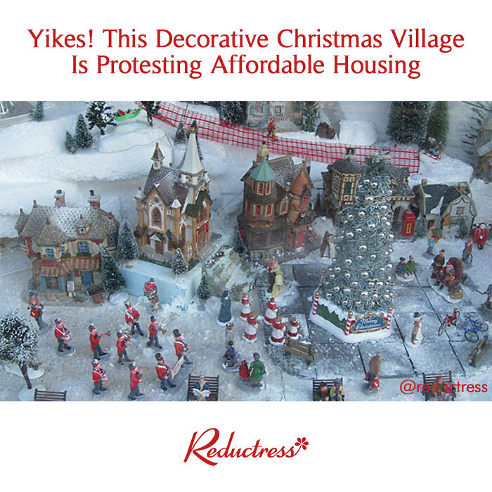 Miniature Christmas village scene with small figurines, highlighting funniest fake article headlines from Reductress.