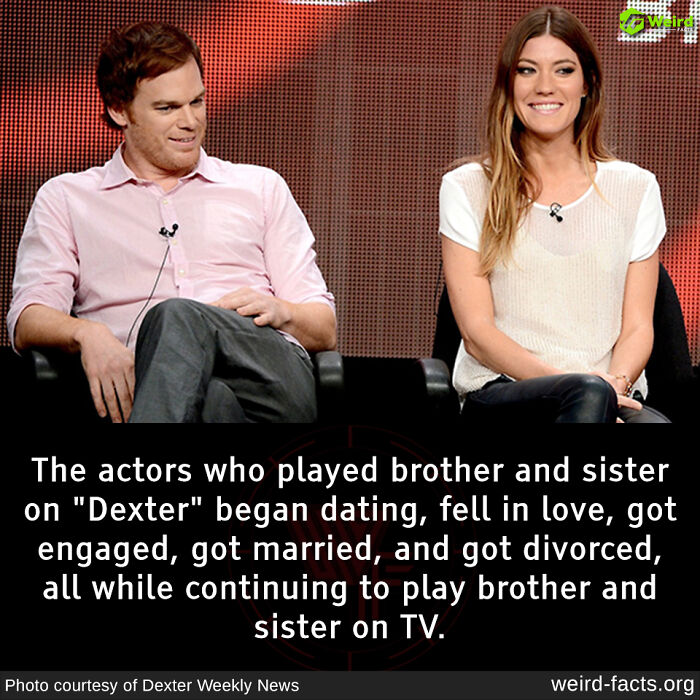 Actors from "Dexter" who played siblings in a panel discussion setting, highlighting a weird and random fact about their relationship.
