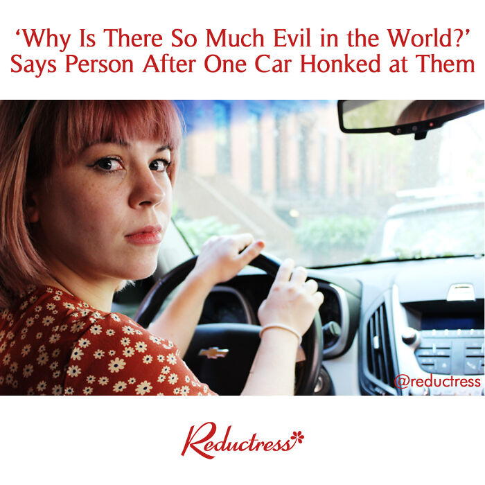 Woman driving car with a serious expression, illustrating one of the funniest fake article headlines from Reductress online magazine.
