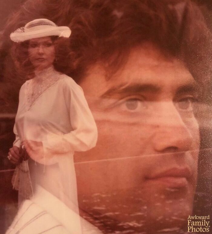 Double exposure of a woman's portrait over a man's face, representing awkward family photo.