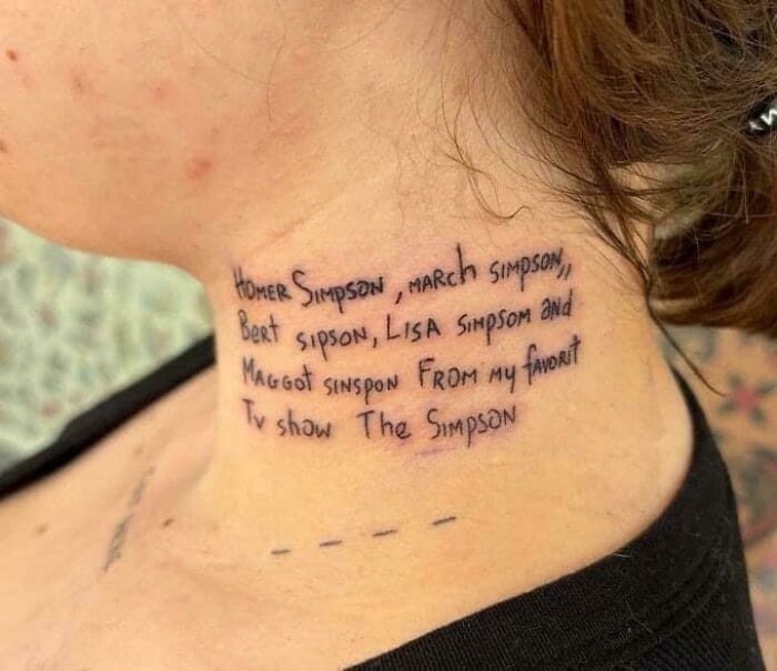 Neck tattoo with misspelled names from The Simpsons TV show.