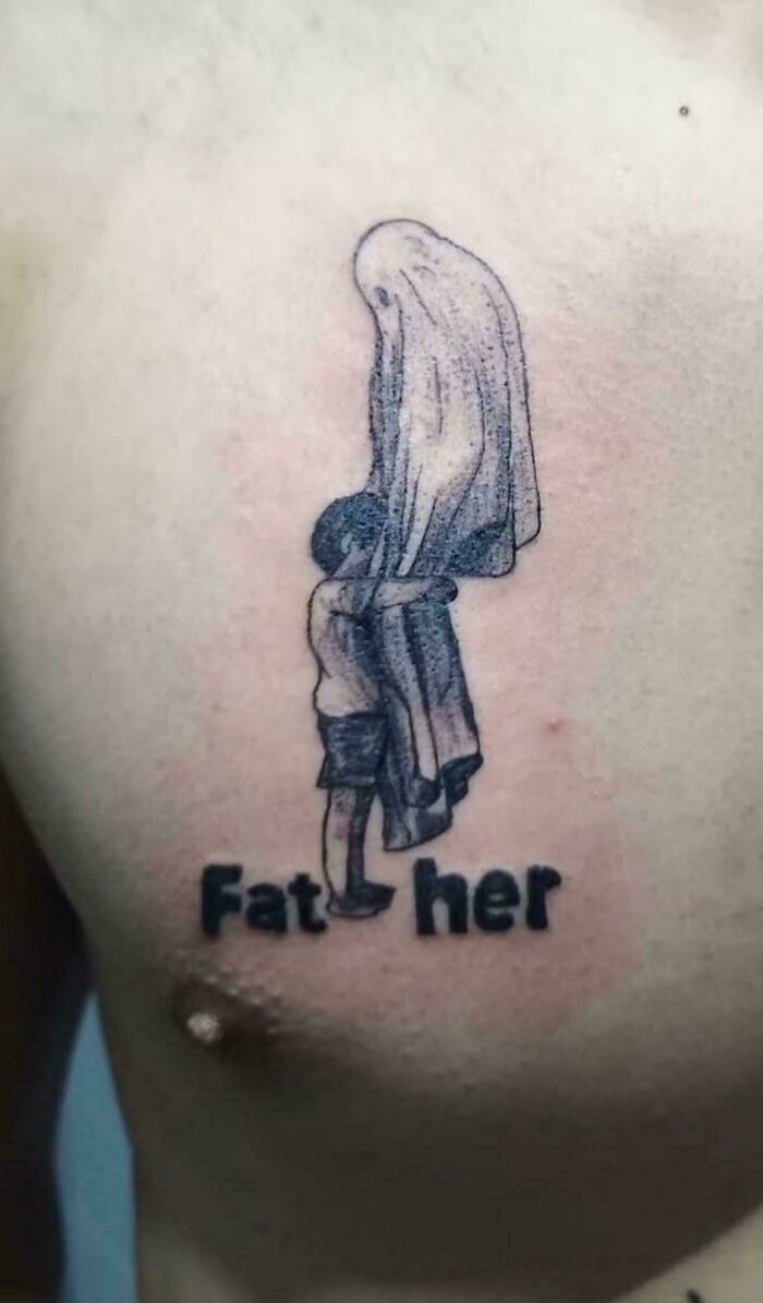 Unusual tattoo of a child hugging a ghost with "Fat her" text on the chest.
