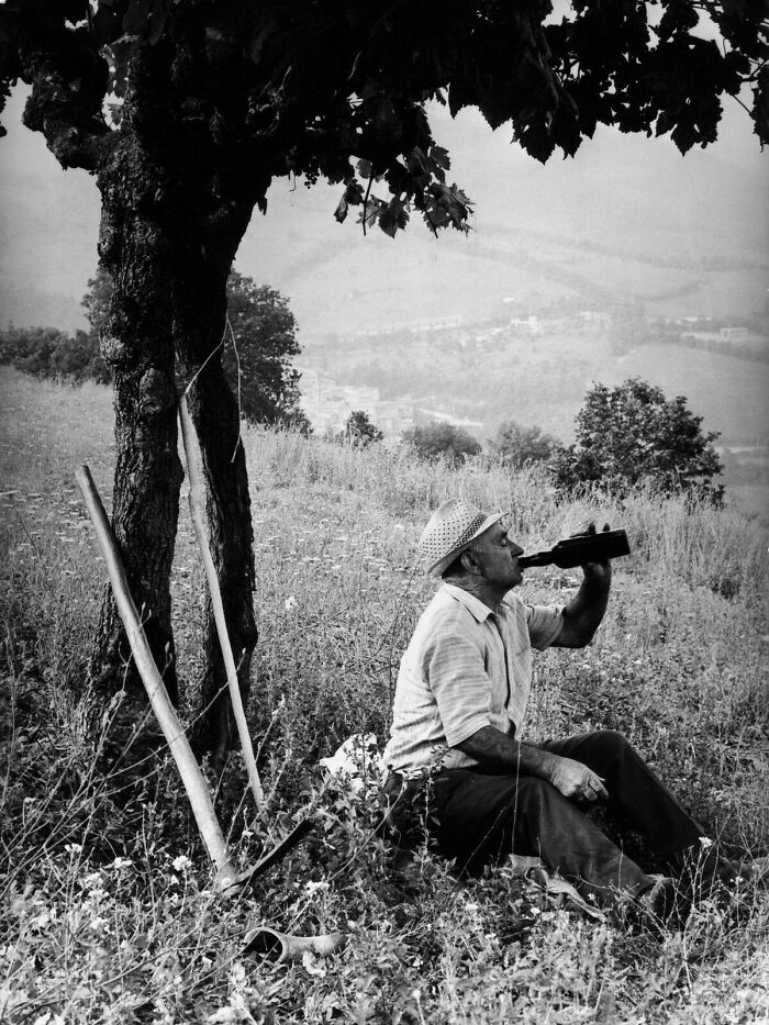 Man sitting under a tree in 1973, wearing a hat, drinking from a bottle, resting in a rural setting.