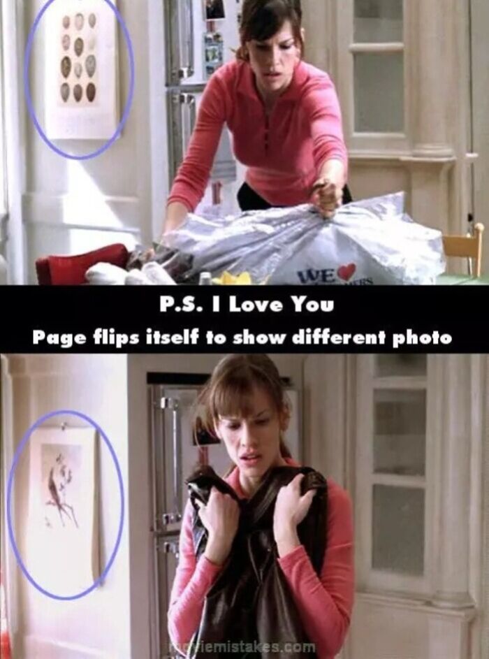 Scene from P.S. I Love You showing a movie mistake with a photo on the wall flipping itself, a classic movie mistake revealed.