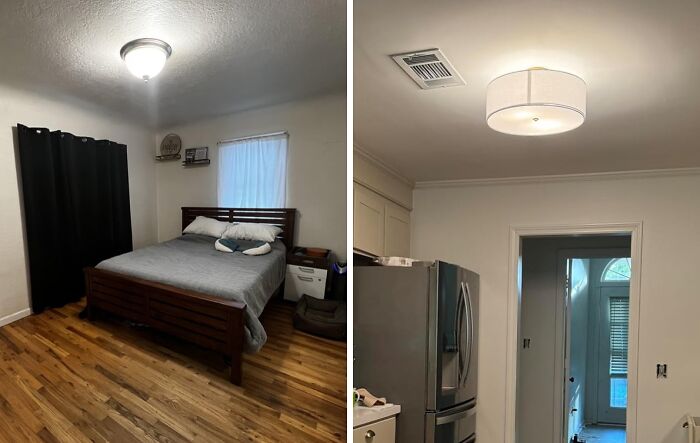 Bedroom and kitchen lighting changes showcasing Reddit room upgrades.