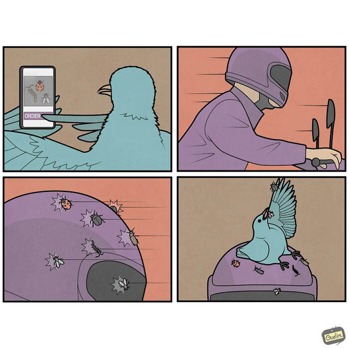 Comic by Anton Gudim showing a bird placing bugs on a helmet, satirizing modern society.