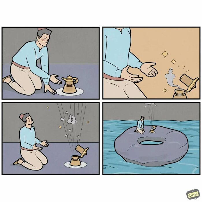 Man interacting with a magical lamp, leading to an unexpected outcome, in a comic commentary on today's society by Anton Gudim.