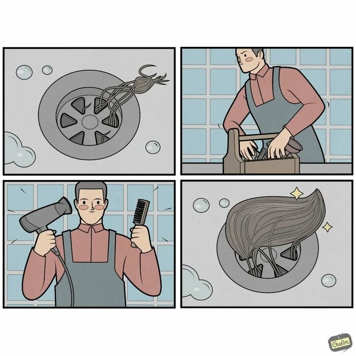 Man styling hair in sink, creating a humorous comic commentary on today’s society by Anton Gudim.