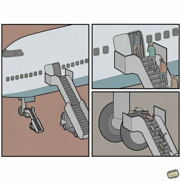 Absurd comic by Anton Gudim showing people boarding a plane in an unusual way via stairs leading to landing gear.