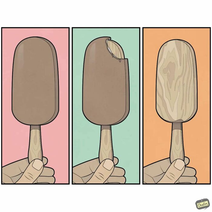 Wooden ice cream bar reveals its true form in a comic commentary on today's society by Anton Gudim.