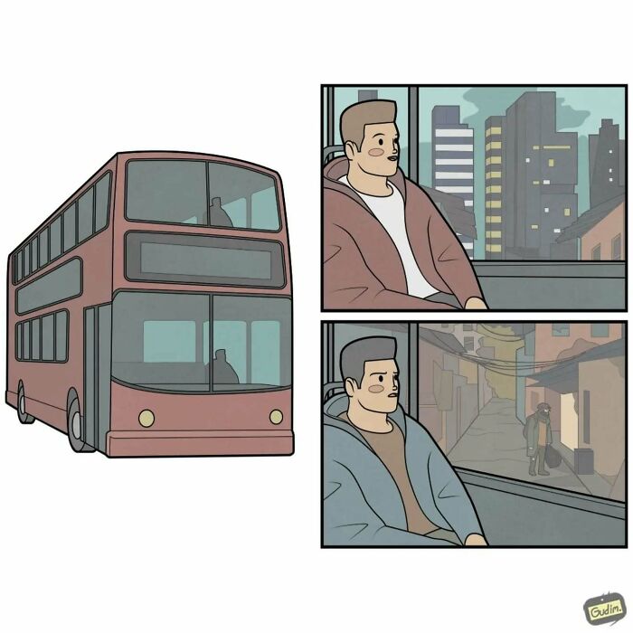 Absurd comic by Anton Gudim of a man on a bus, contrasting cityscape with a deserted street.