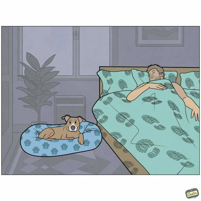 Comic of a man sleeping in a dog bed and a dog relaxing in a human bed, satirizing society norms.