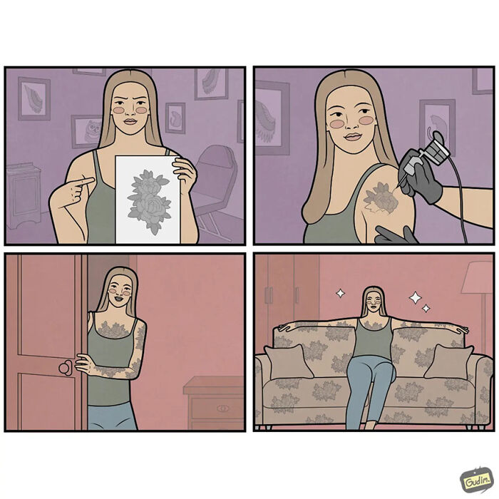 Comic art commentary showing a woman getting a floral tattoo and blending with her patterned couch.