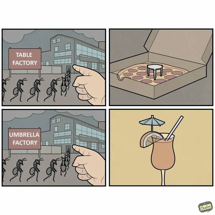 Absurd comic by Anton Gudim showing factory workers producing pizza tables and drink umbrellas.