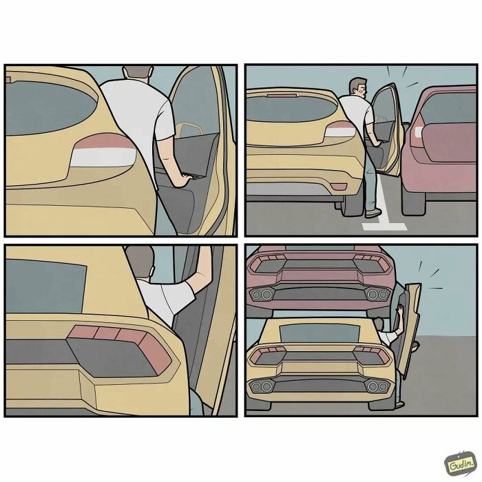 Absurd comic by Anton Gudim depicting a man exiting a car that humorously transforms into a sports car.