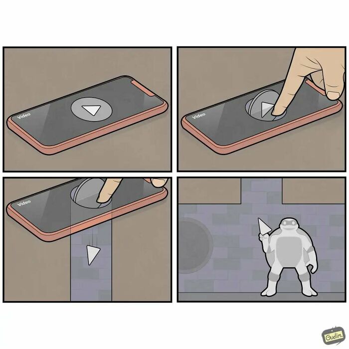 Absurd comic by Anton Gudim depicting a smartphone play button becoming a game character.