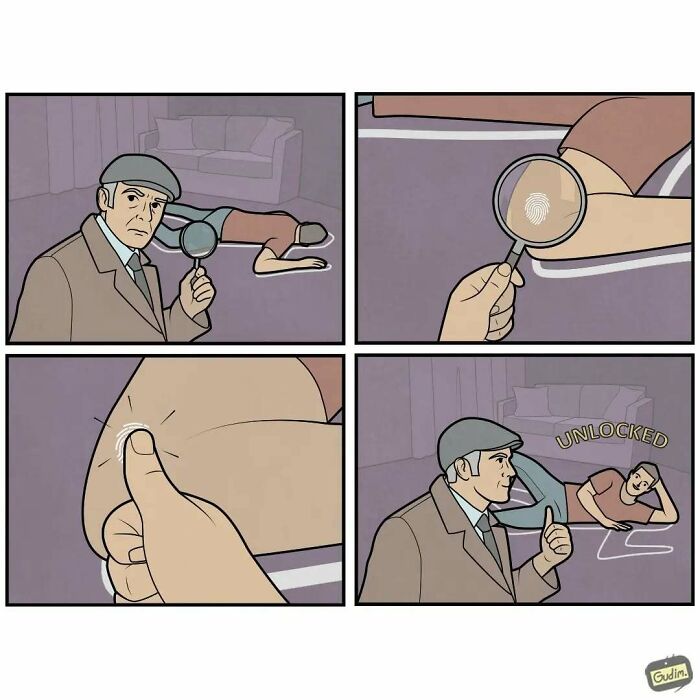 Detective comically unlocks man's armpit with fingerprint.