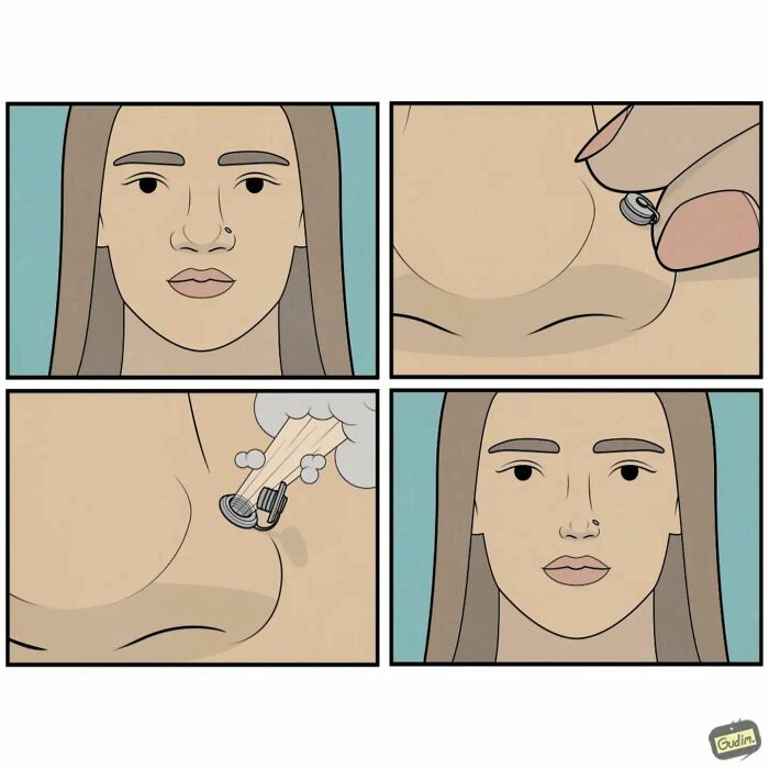 Comic by Anton Gudim depicting absurd commentary on society, with a nose-switch revealing a tiny mechanism.