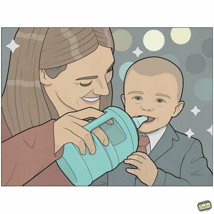 Comic illustrating social commentary: adult in business attire drinking from a bottle, blending adult and child roles humorously.