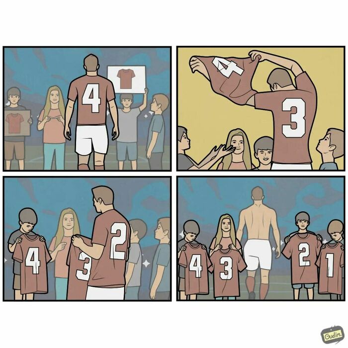 Absurd comic by Anton Gudim: a football player swaps his jersey while others copy the trend, illustrating societal commentary.