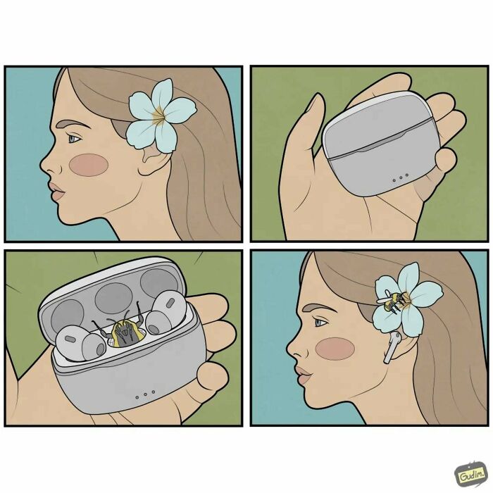 Absurd comic by Anton Gudim showing a flower turning into earbuds in four panels, commentary on modern society.