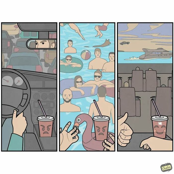 Absurd comic showing a driver in traffic, people in a pool, and the interior of a boat, with a focus on a soda cup.
