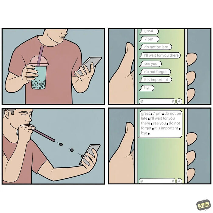 Absurd comic by Anton Gudim showing a man using bubble tea pearls to type on his phone screen.