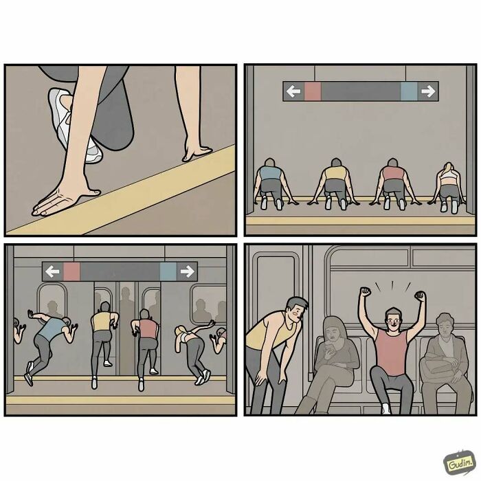 Comic strip illustrating absurd societal commentary by Anton Gudim: people race to enter subway train.