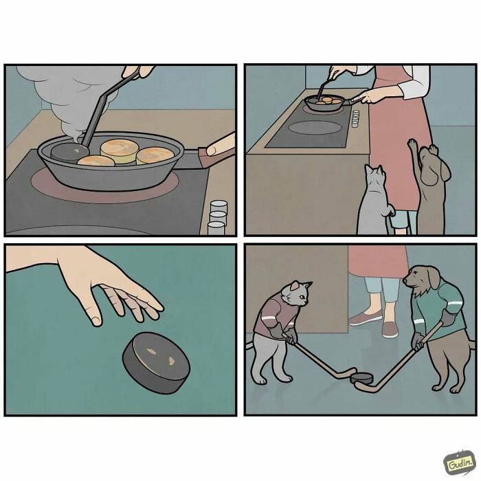 Absurd comic by Anton Gudim showing pancakes turning into a hockey puck for cats and dogs to play with.