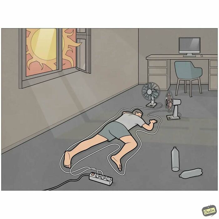 Absurd comic by Anton Gudim: person on floor surrounded by fans in hot room, window showing sun.