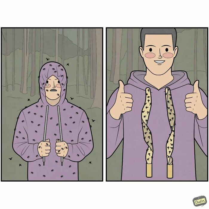 Absurd comic by Anton Gudim shows a person wearing a bug-covered hoodie, then smiling with thumbs up, revealing bug-patterned drawstrings.