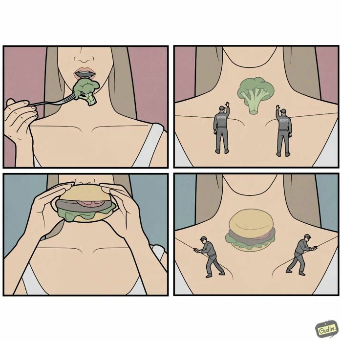 Comic by Anton Gudim humorously depicting food choices with miniature painters changing broccoli to a burger.