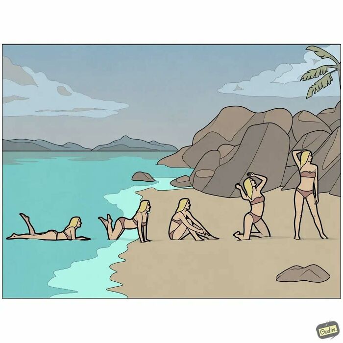 Absurd comic by Anton Gudim showing a woman changing poses along a beach, offering social commentary.