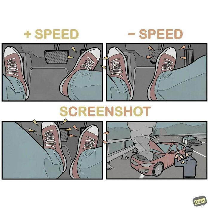Comic by Anton Gudim showing humorous commentary on speed control in driving.